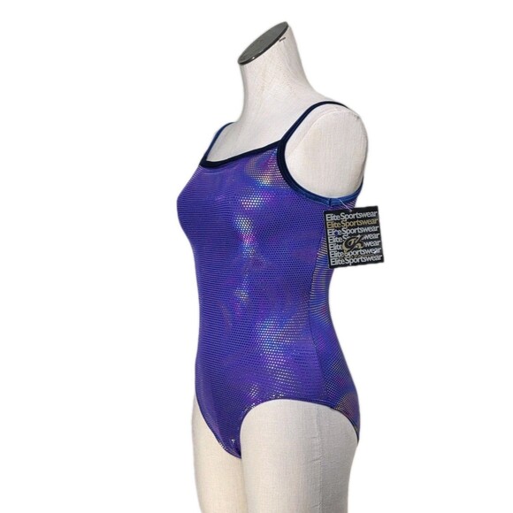 GK Elite VTG Purple Pixelated Swirl Camisole Leotard Velvet Trim Size AM Adult M - Picture 8 of 16